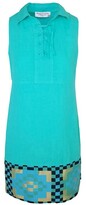 Thumbnail for your product : Haris Cotton - Lace Up Neck Sleeveless Mini Linen Dress With Embroidered Panels - Island Green