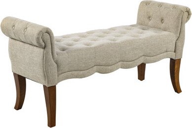 Traditional Style End Of Bed Bench, Upholstered Entryway Bench With Button Tufted And Rounded Arm, Beige