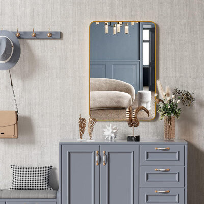 Moda Furnishings Gold Metal Framed Rectangular Bathrrom Mirror For Wall