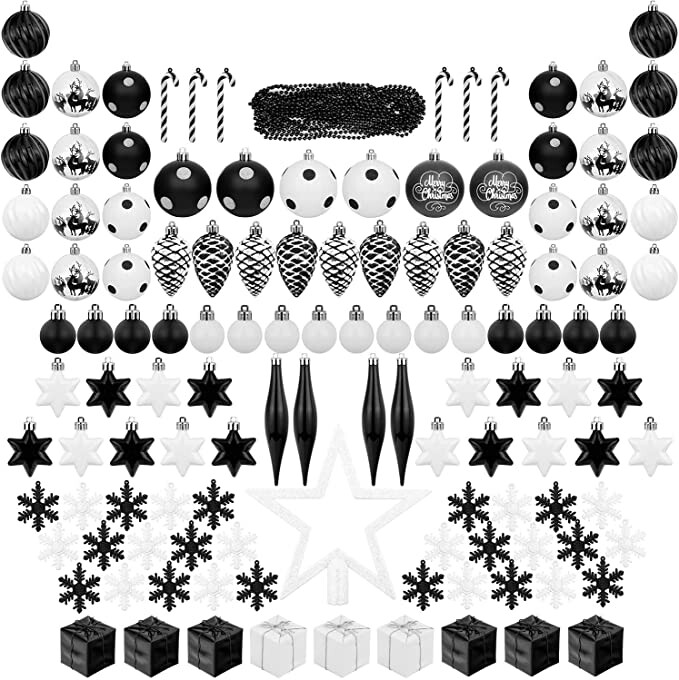 ITART 127ct Christmas Tree Ornaments Decorations Assortment Including Tree Topper Balls Snowflakes Stars Pine Cones Miniature Gift Boxes and Beads Garlands Finial (Black and White)