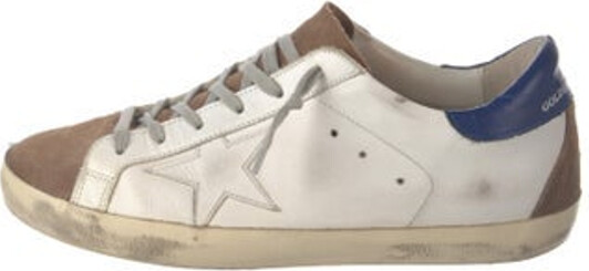 Golden Goose Leather Low Top Sneakers Blue, Grey & White Colorblock Pattern Rubber Trim Round-Toes with Distressed Accents Lace-Up Closure at Uppers Designer