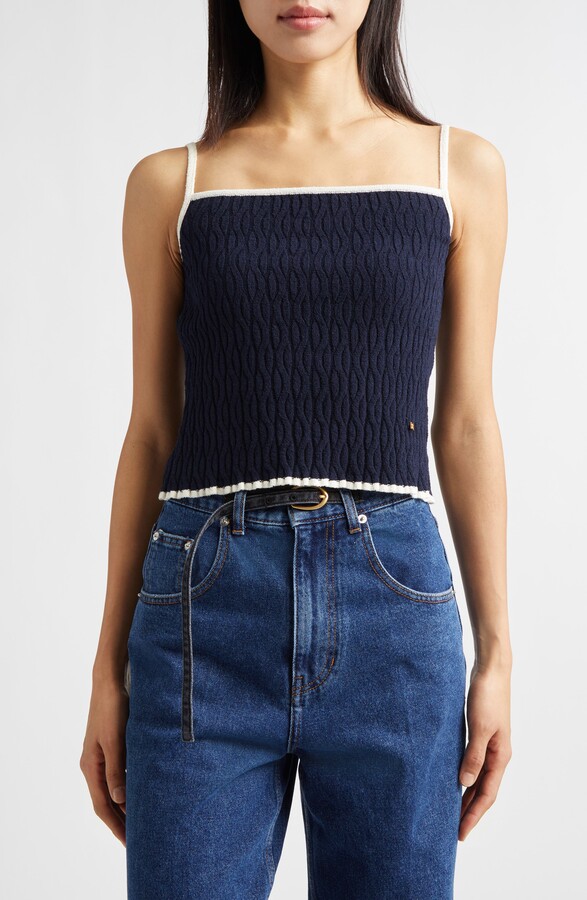 EENK Contrast Trim Pointelle Cable Knit Camisole