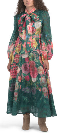 TJMAXX Balloon Sleeve Tie Neck Floral Maxi Dress For Women, Spandex/Polyester
