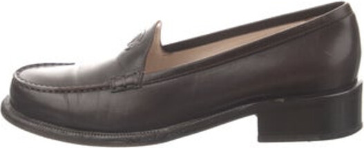 Vintage CHANEL Letter Logo ID Plate Black Leather Loafers Slip 