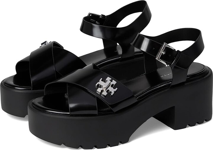 Tory Burch T Lock Lug Heel Sandals 50mm Women's Wedge Shoes Black : 5 M, Leather