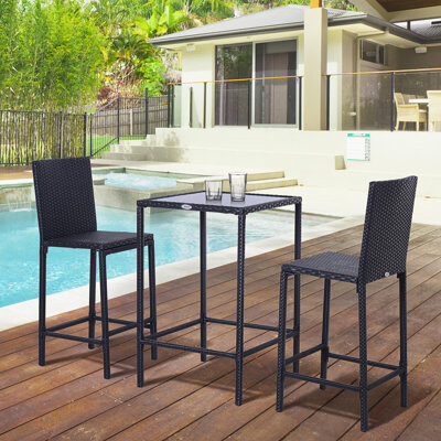 Hokku Designs 3pcs Rattan Bar Set with Glass Top Table 2 Bar Stools for Outdoor Patio Garden Poolside Backyard