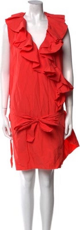 Lanvin Shift Dress Pink Ruffle & Raw-Edge Accents Short Sleeve with V-Neck Sash-Tie Closure at Front Designer