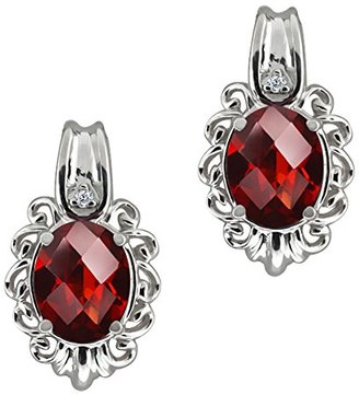 Gem Stone King 2.82 Ct Checkerboard Red Garnet and White Diamond 14k White Gold Earrings