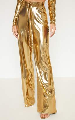 PrettyLittleThing Gold Metallic Tie Waist Wide Leg Trouser