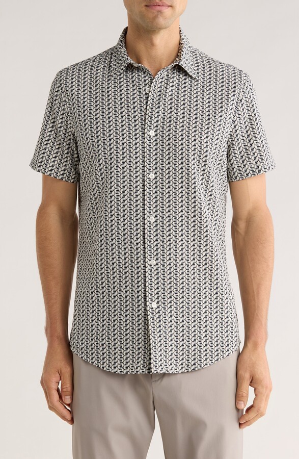 Leaf Print Short Sleeve Performance Button-Up Shirt