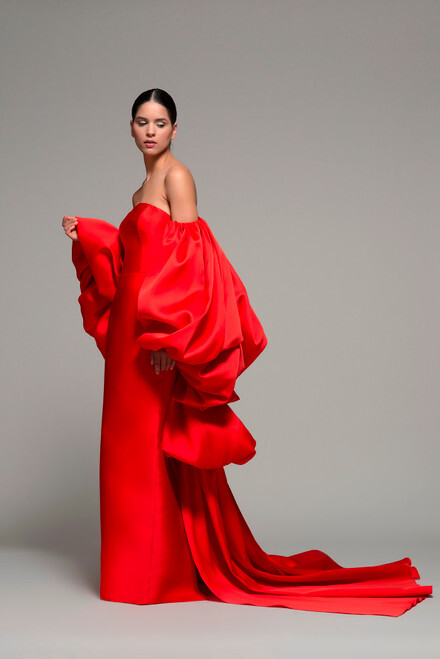 red strapless evening gown