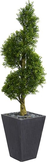 Nearly Natural 5Ft UV Resistant Boxwood Spiral Topiary Artificial Tree in Slate Planter By in Green