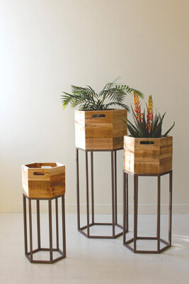 Trent Austin Design Set Of Three Hexagon Recycled Wood Planters On Metal Bases