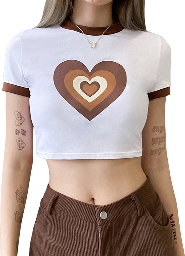 Greetuny WomenCute Graphic Crop Top Fashionable Heart Printing