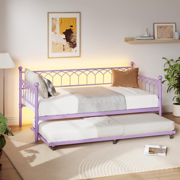 GaoMon TwinSizeDaybedwithTrundle,SofaBedFramewithChargingStationandLEDLights,HeavyDutyMetalBedFrame,forSmallSpaces,LivingRoom,Bedroom