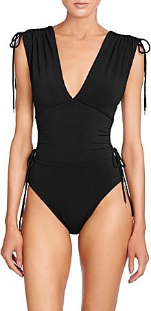 Robin Piccone Aubrey Solid Flattering Plunge V-Neck Tummy Control One Piece Swimsuit