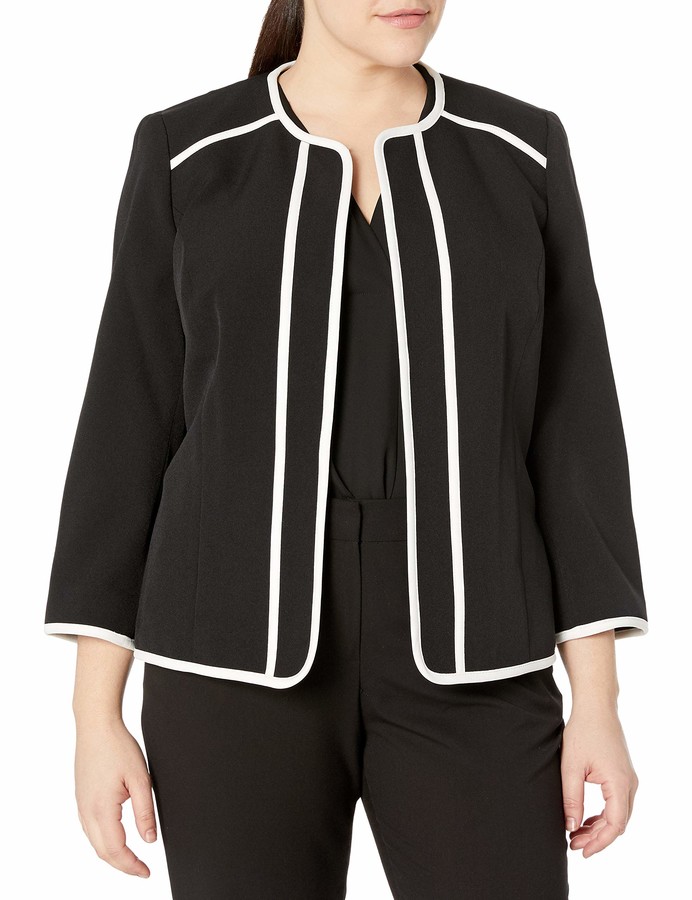 Kasper Womens Plus Jewel Neck Stretch Crepe Fly Away Jacket with Piping 