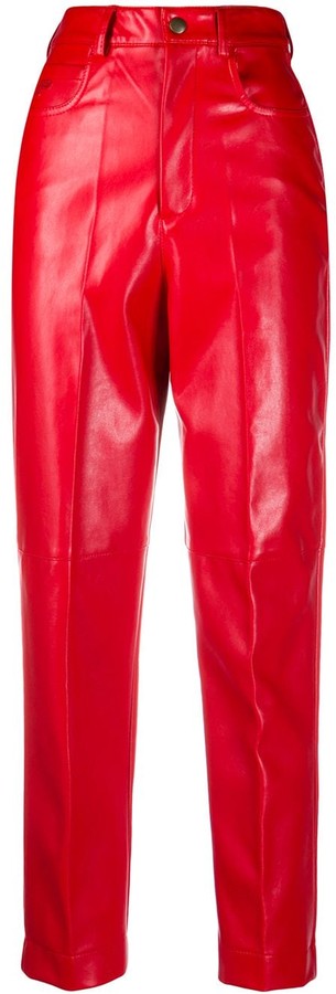 red faux leather trousers