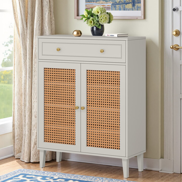 MAYEERTY Wooden Shoe Cabinet, Rattan Shoe Organizer with Doors and Drawer