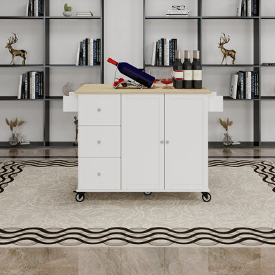 Rolling Mobile Kitchen Storage Island With Wood Top And Locking Wheels, Fold-down Breakfast Bar, Spice Rack, Towel Rack And Drawers, Mdf