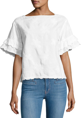 MiH Jeans Fiske Floral-Embroidered Scalloped Top, White