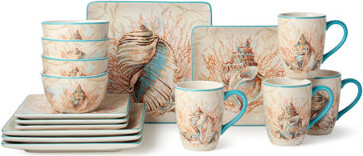 Certified International Escape to the Sea 16-Piece Ceramic Dinnerware Set – Coastal Shell & Coral Design in Aquatic Hues – Elegant Nautical Tableware, Microwave & Dishwasher