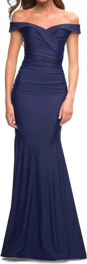 La Femme Ruched V-Neck Mermaid Gown In Navy