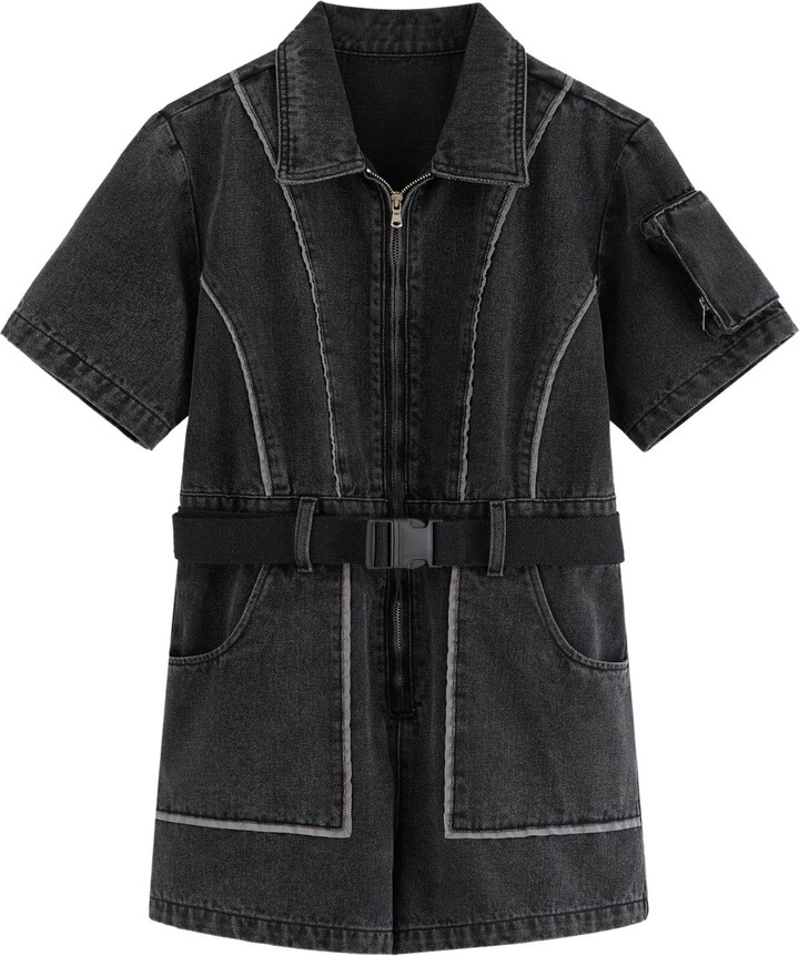 Urbanic Pocket Denim Jumpsuit With Refelctive Binding - Black
