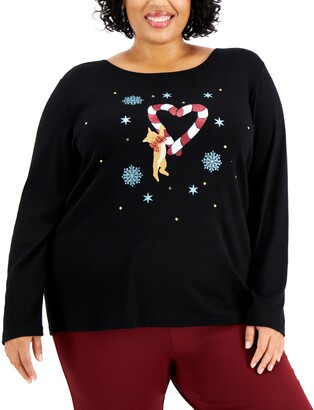 Karen Scott Plus Size Cotton Holiday Graphic-Print Top, Created for Macy's