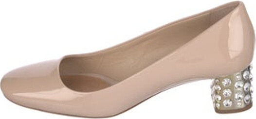 Miu Miu Patent Leather Pumps Neutrals Square-Toes with Crystal Embellishments Designer