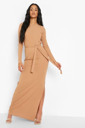 boohoo Tall Long Sleeve Side Split Belted Maxi Dress