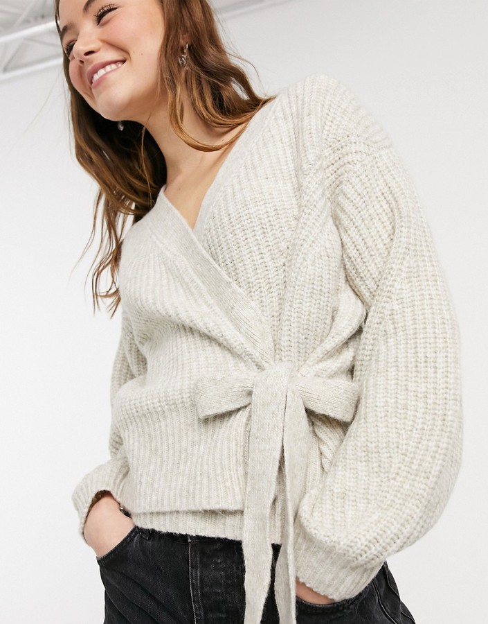 New Look knit ballet wrap cardigan with tie in oatmeal - ShopStyle