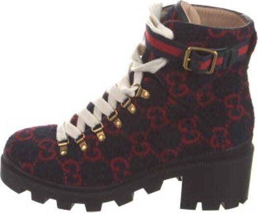 Gucci Wool Ankle Combat Boots Blue GG Logo Round-Toes Platform Lace-Up Closure at Uppers