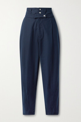 Frame Twisted Pleated Cotton Tapered Pants - Navy
