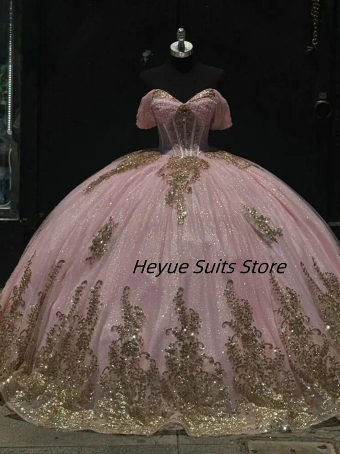 ZHUOFU Customized Elegant Princess Quinceanera Dresses Gold Applique Backless Tulle Party Prom Gowns Dress Sweet 15 Girls Ball Gowns