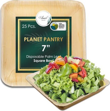 Planet Pantry Disposable Palm Leaf 7' Square Bowl (25 pcs) Wooden Bamboo-Like Paper and Plastic Alternative Eco-Friendly for Food, Party, Buffet