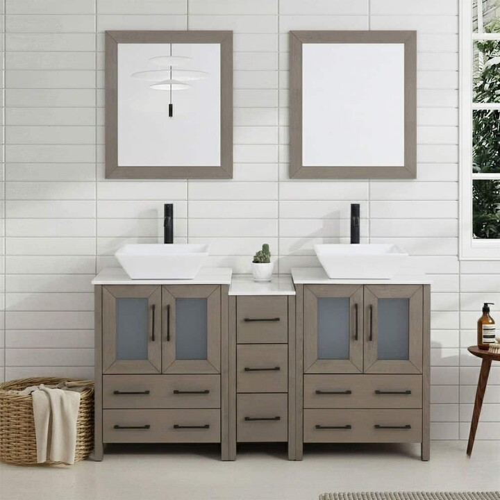 Vanity Art 60 in. W Double Basin Driftwood Gray Bath Vanity with White Engineered Marble Top and Mirror