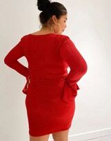 Thumbnail for your product : Fashionkilla Plus glitter plunge kmot front mini bodycon dress with fluted sleeves in red