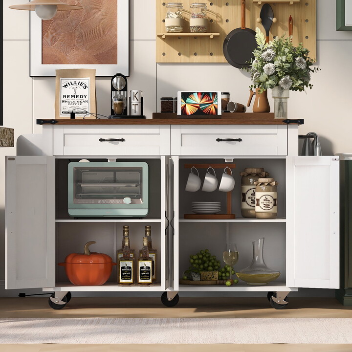 EUROCO Farmhouse Kitchen Island with Power Outlet, Kitchen Storage Island with Drop Leaf, Spice Rack and Drawer, Rolling Kitchen Cart on Wheels, for Home, Kitchen and Dining Room, White
