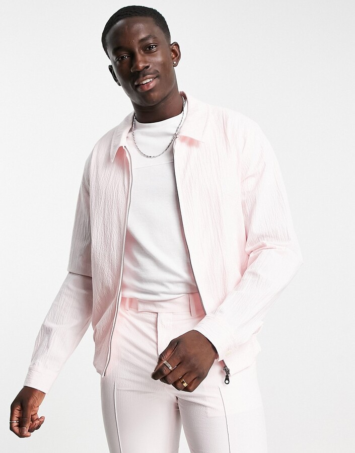 ASOS DESIGN set smart harrington jacket in pink seersucker - ShopStyle