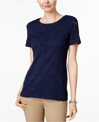 Charter Club Short Sleeve Solid Allover Lace Top, Only at Macy's