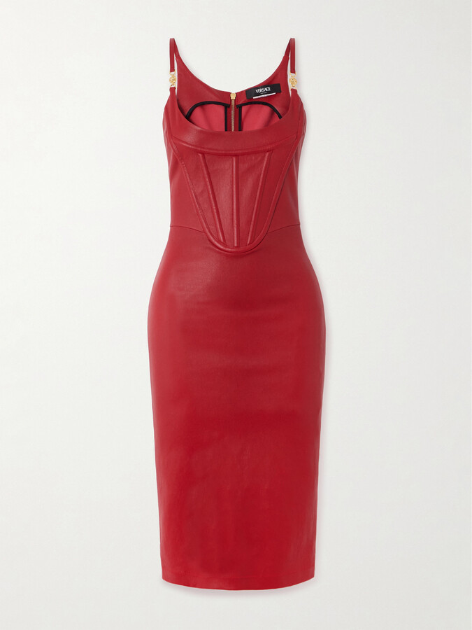 Versace - Embellished Leather Bustier Dress - Red