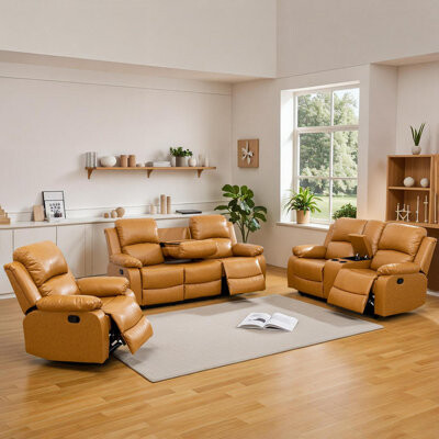 Ebern Designs Manual Reclining 2-Piece Couch Living Room Sofa Set With Cupholder,Middle Console