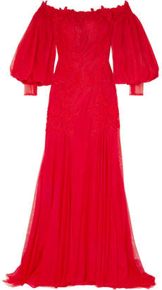 Costarellos Off-the-shoulder Appliqued Tulle Gown - Red