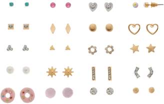 Gold And Silver Tone Heart, Sun, Donut & Simulated Crystal Nickel Free Stud Earring Set