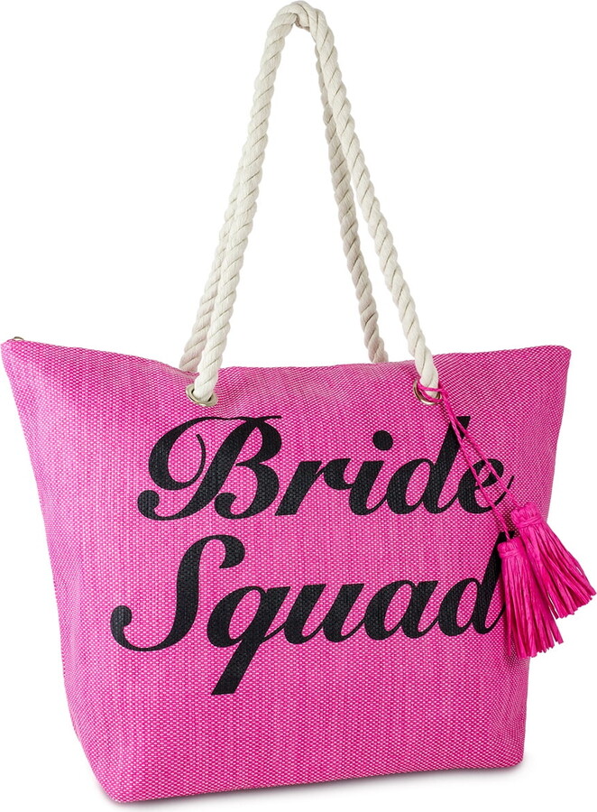Women’s Fuchsia Bride Squad Straw Beach Tote with Tassel and Rope Handle