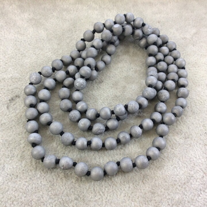 Etsy Hand-Knotted 36" Druzy Agate Necklace Matte Metallic Silver Beads