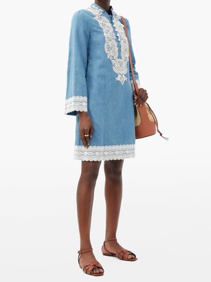 Gucci Lace-trimmed Stonewashed Chambray Dress - Blue