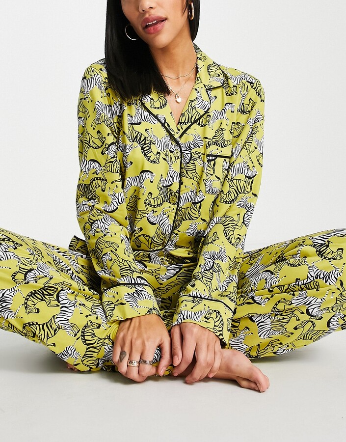 DKNY traditional long pyjama set in yellow zebra print - ShopStyle