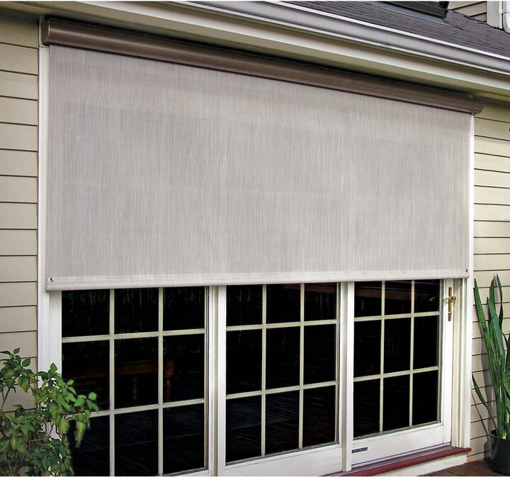 Bali Essentials Charcoal Corded Light Filtering Motorized Vinyl Exterior Solar Shade Left Motor Bronze Cassette 132 in. W x 84 in. L, Custom